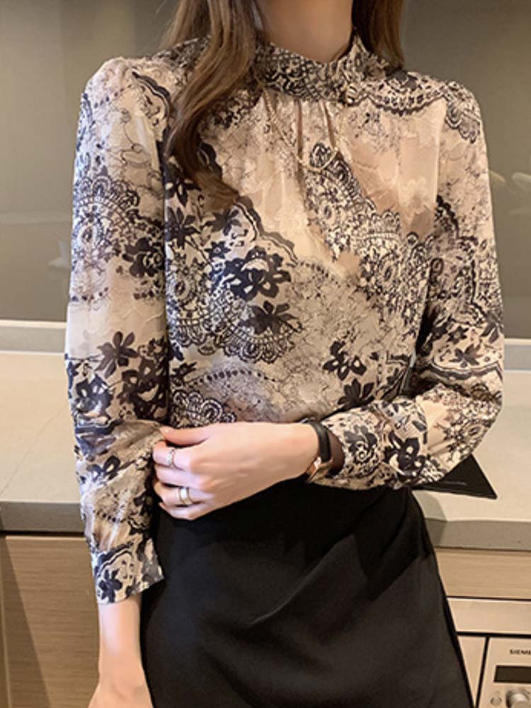 レース柄プリント モックネック 長袖ブラウス