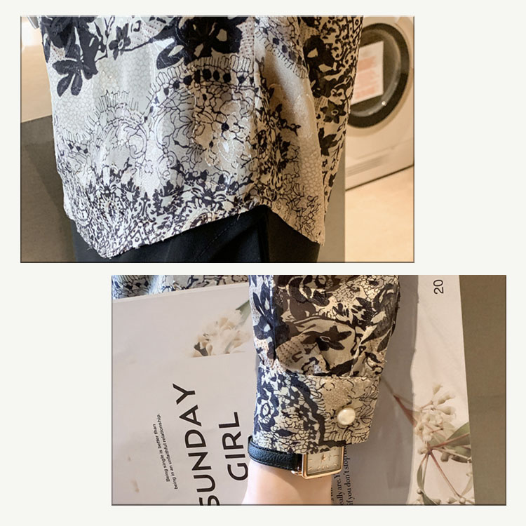 レース柄プリント モックネック 長袖ブラウス