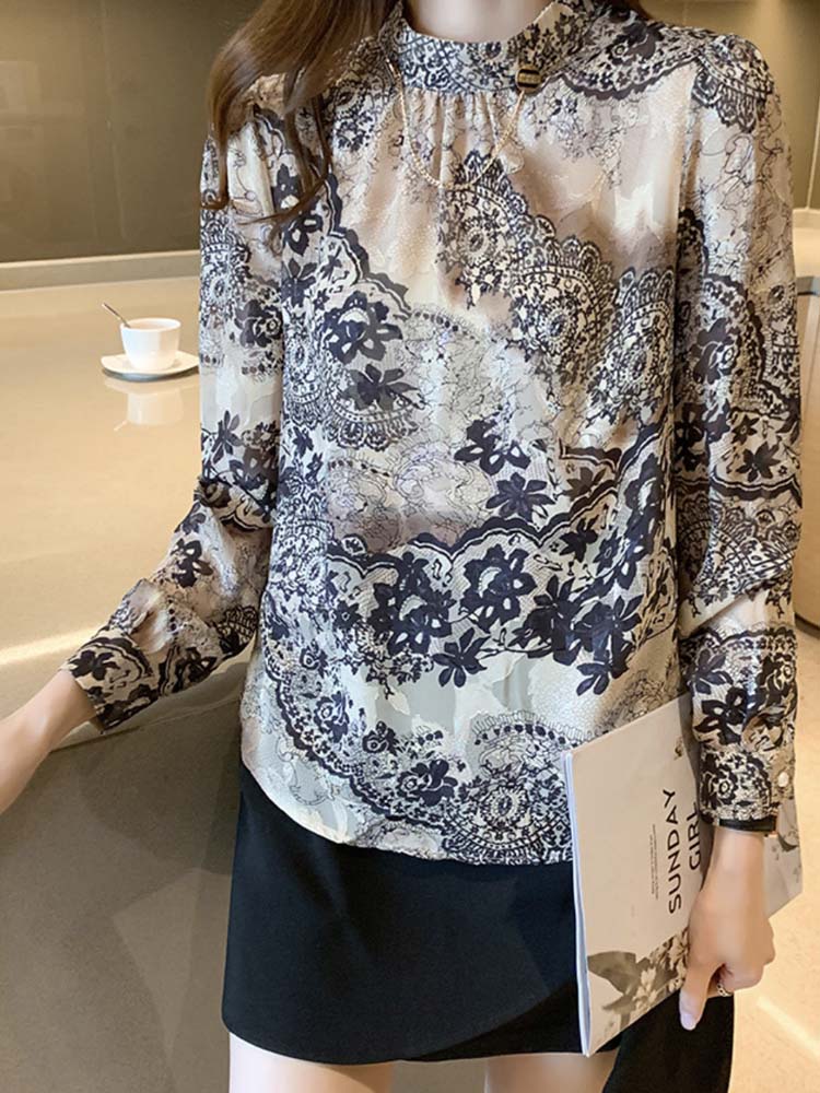 レース柄プリント モックネック 長袖ブラウス