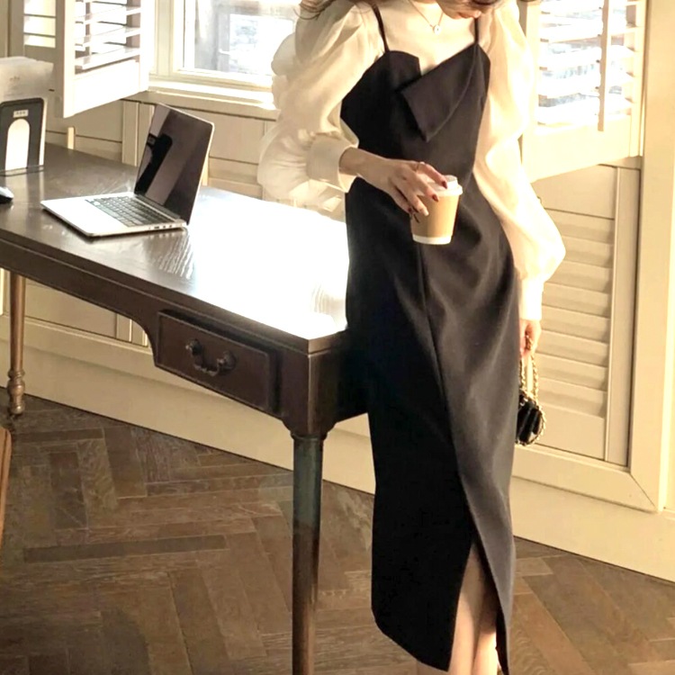 長袖シフォンブラウス ミモレ丈 キャミワンピ セットアップ