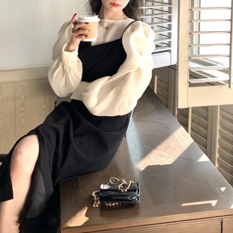 長袖シフォンブラウス ミモレ丈 キャミワンピ セットアップ