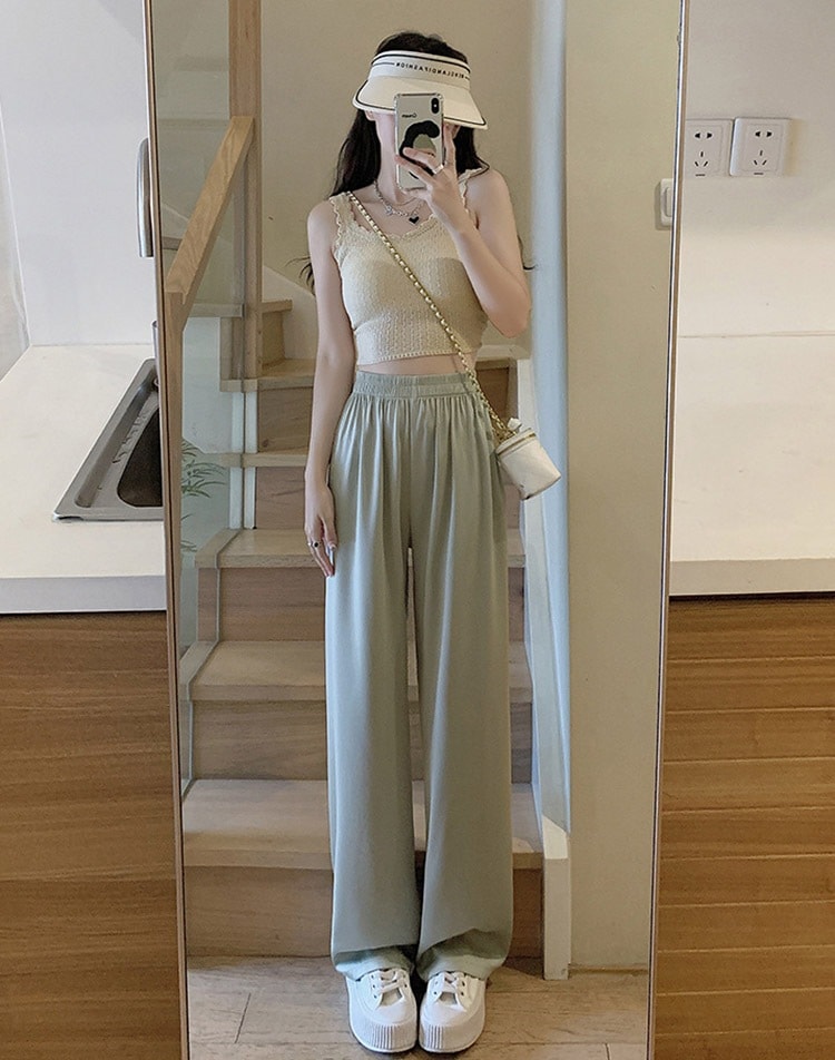 ひんやり ロング丈 サテン ワイドパンツ