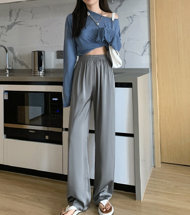 ひんやり ロング丈 サテン ワイドパンツ