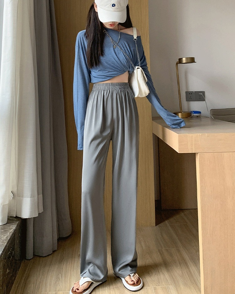 ひんやり ロング丈 サテン ワイドパンツ