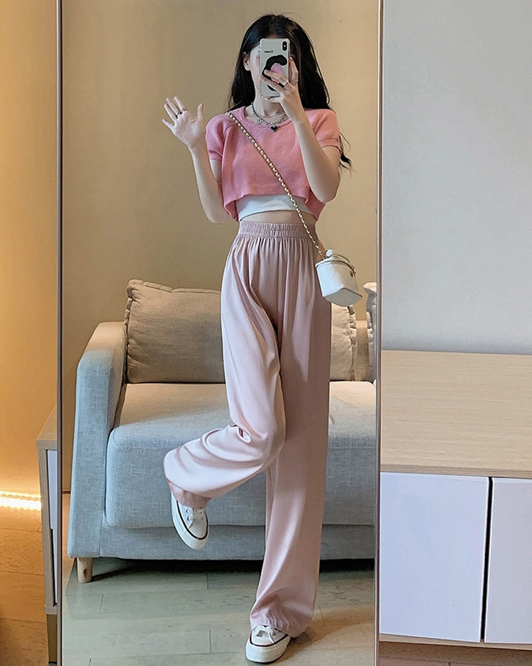 ひんやり ロング丈 サテン ワイドパンツ