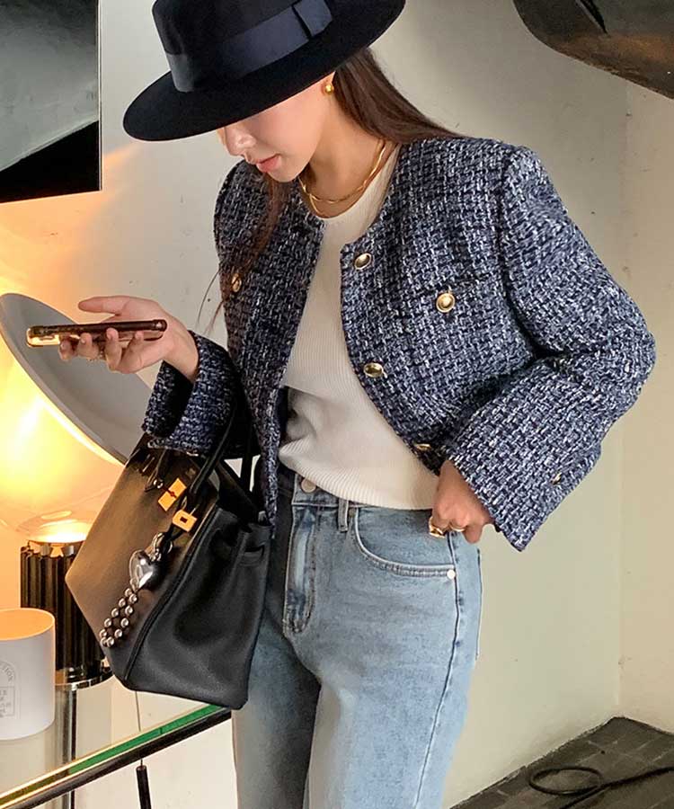 ショート丈 ノーカラー ツイード ジャケット