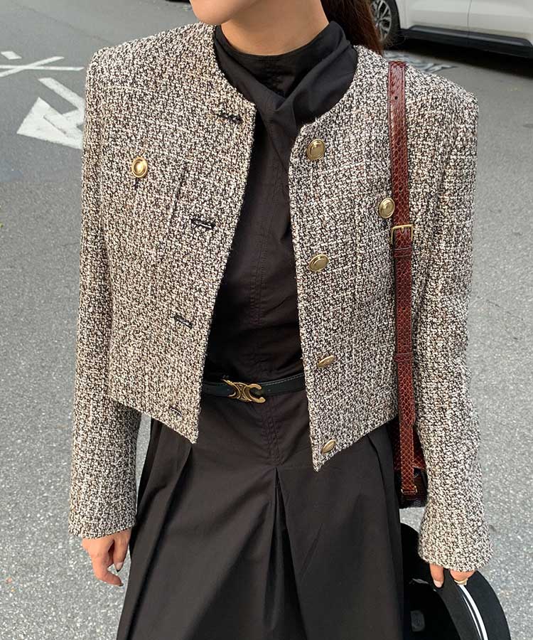 ショート丈 ノーカラー ツイード ジャケット