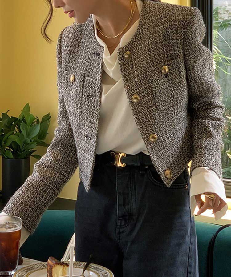 ショート丈 ノーカラー ツイード ジャケット