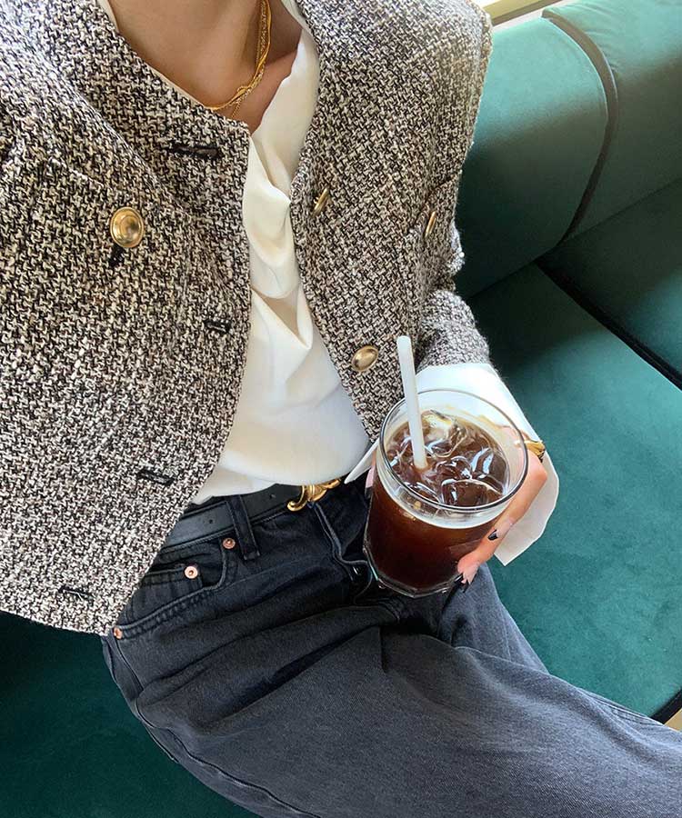 ショート丈 ノーカラー ツイード ジャケット