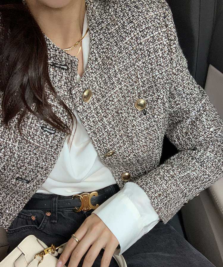 ショート丈 ノーカラー ツイード ジャケット
