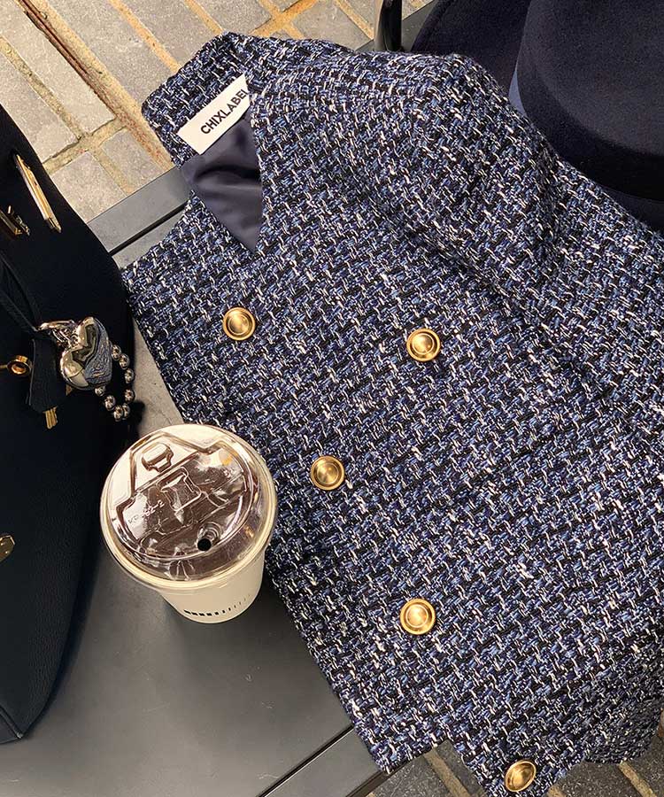 ショート丈 ノーカラー ツイード ジャケット