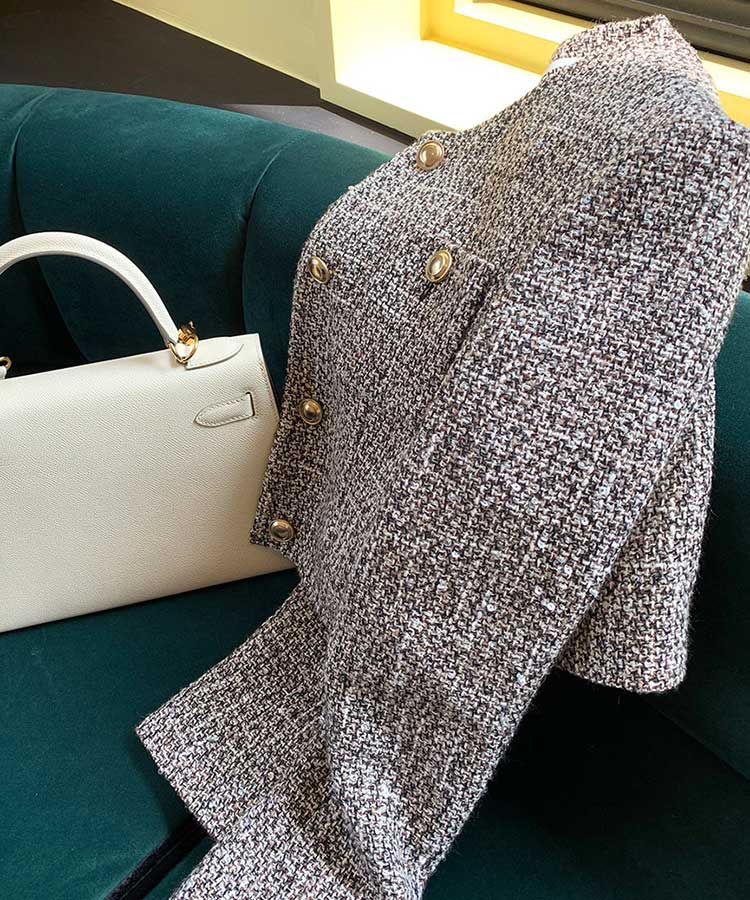 ショート丈 ノーカラー ツイード ジャケット