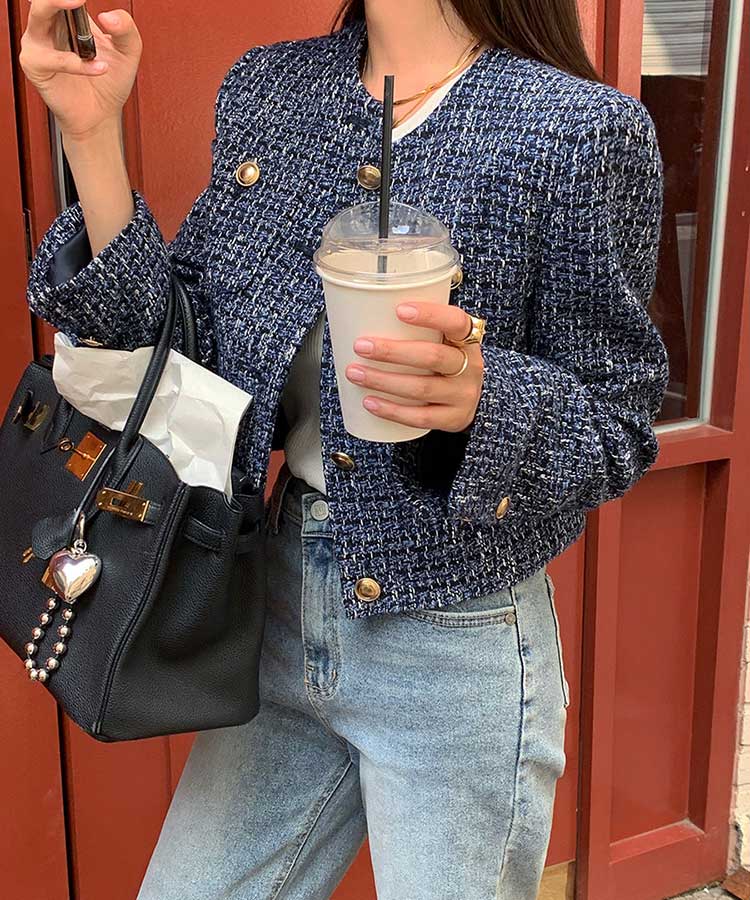 ショート丈 ノーカラー ツイード ジャケット