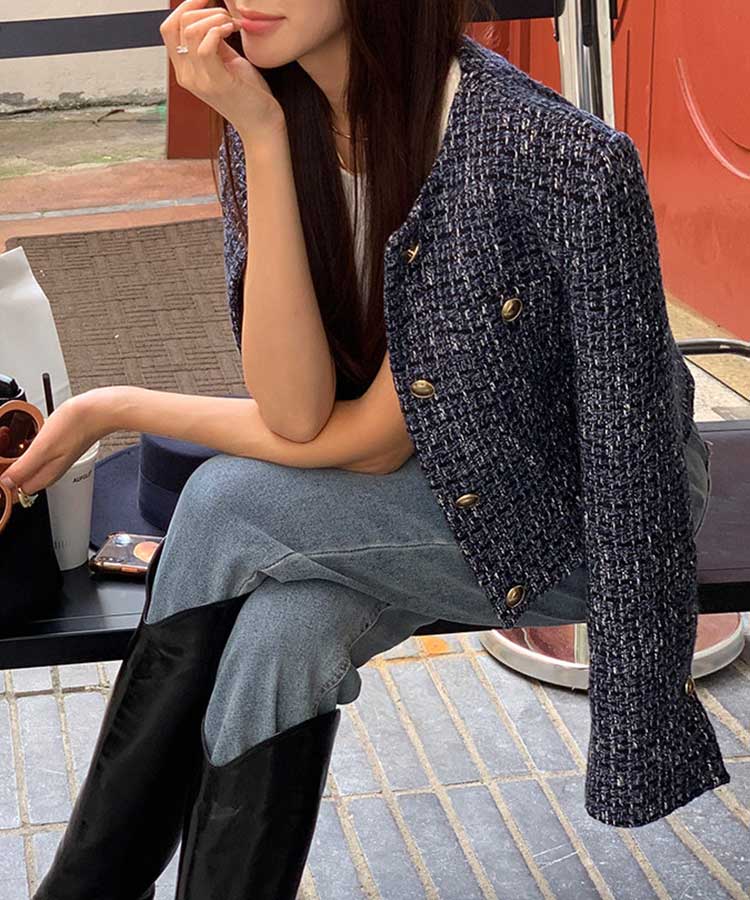 ショート丈 ノーカラー ツイード ジャケット