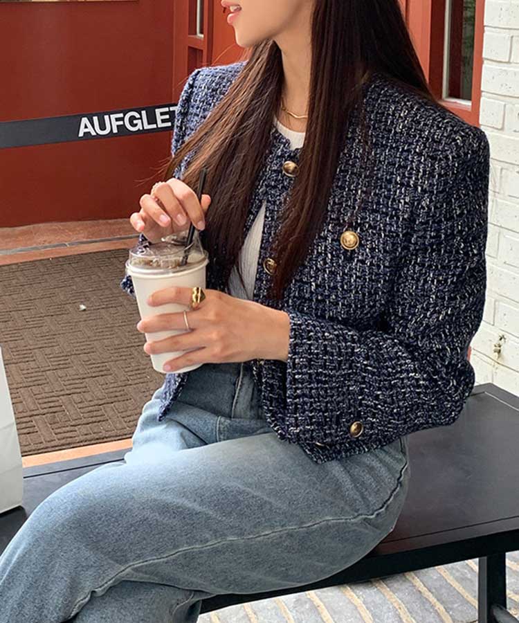 ショート丈 ノーカラー ツイード ジャケット