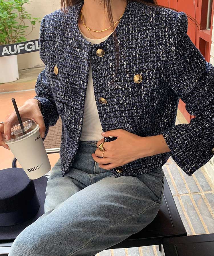 ショート丈 ノーカラー ツイード ジャケット