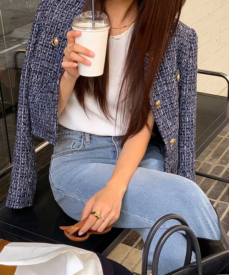 ショート丈 ノーカラー ツイード ジャケット