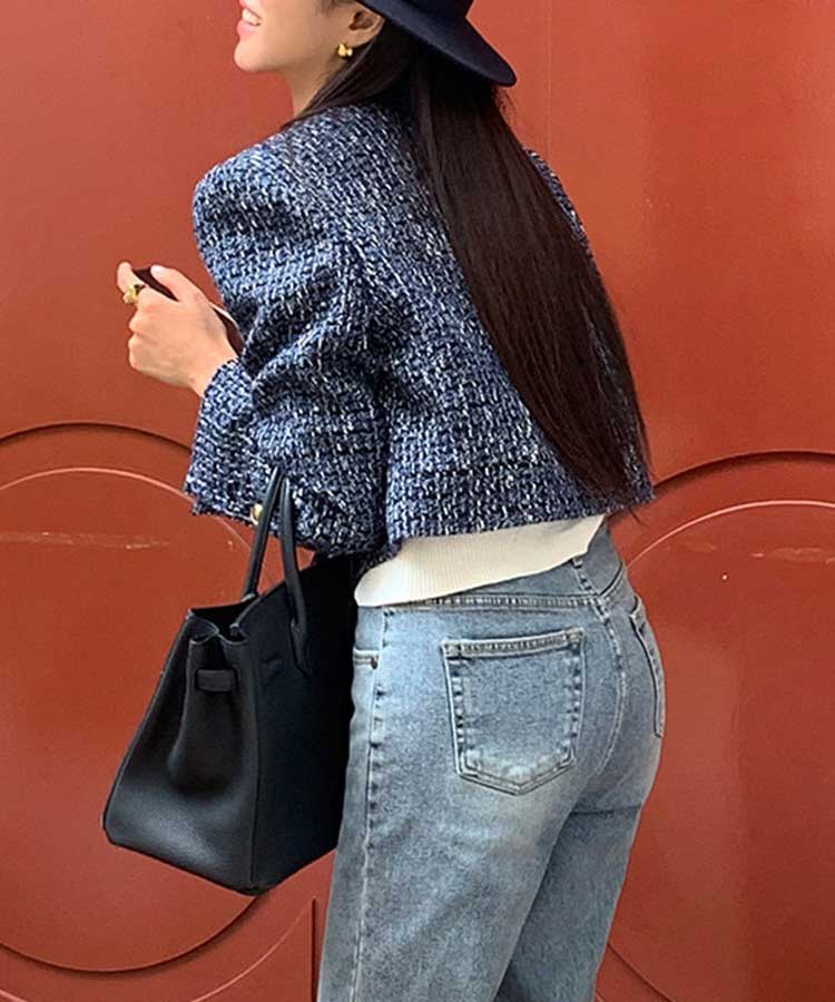 ショート丈 ノーカラー ツイード ジャケット