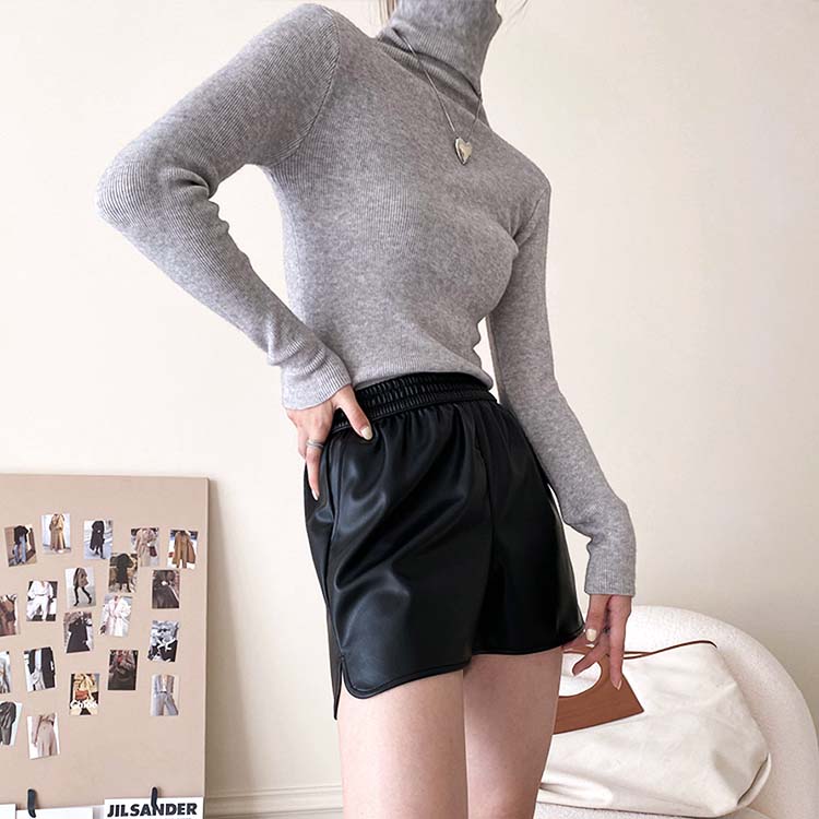 リブ編み ハイネック ニットトップス