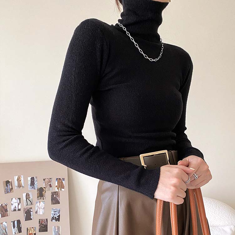 リブ編み ハイネック ニットトップス