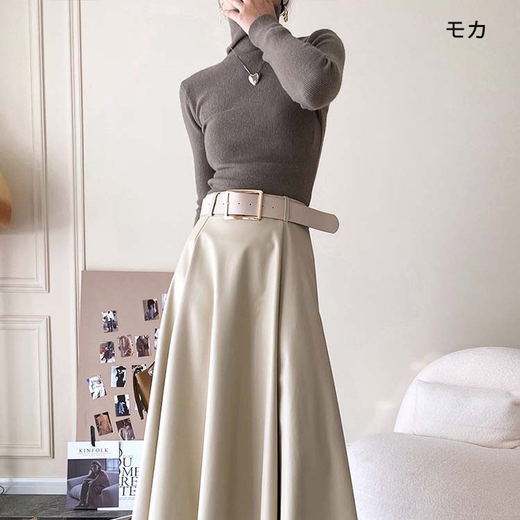 リブ編み ハイネック ニットトップス