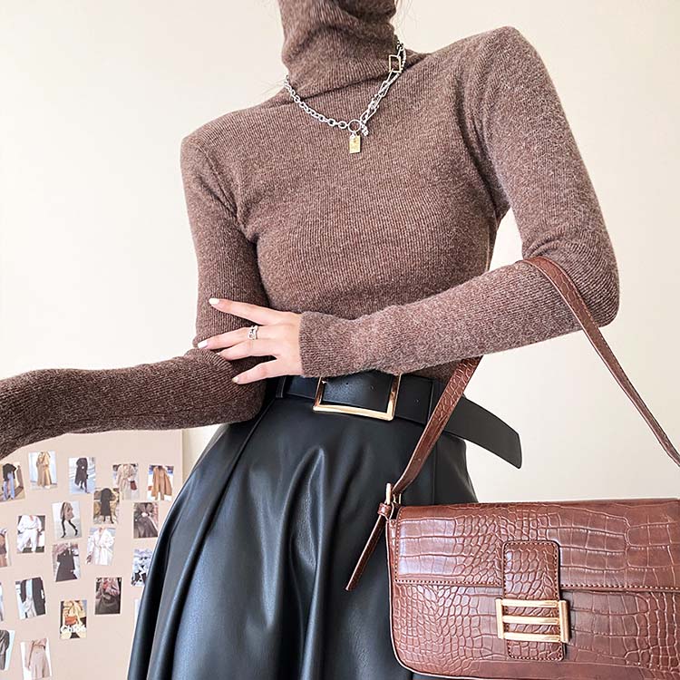 リブ編み ハイネック ニットトップス