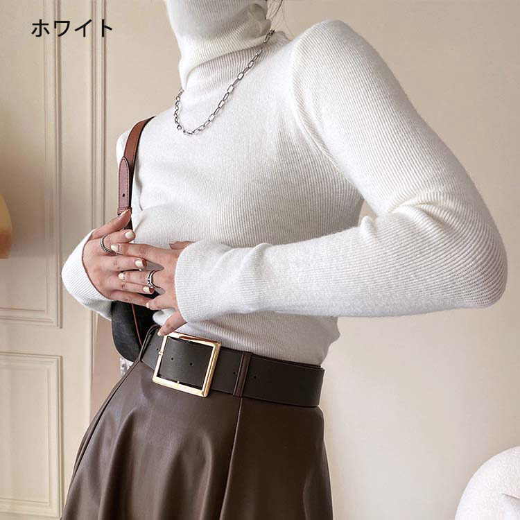 リブ編み ハイネック ニットトップス