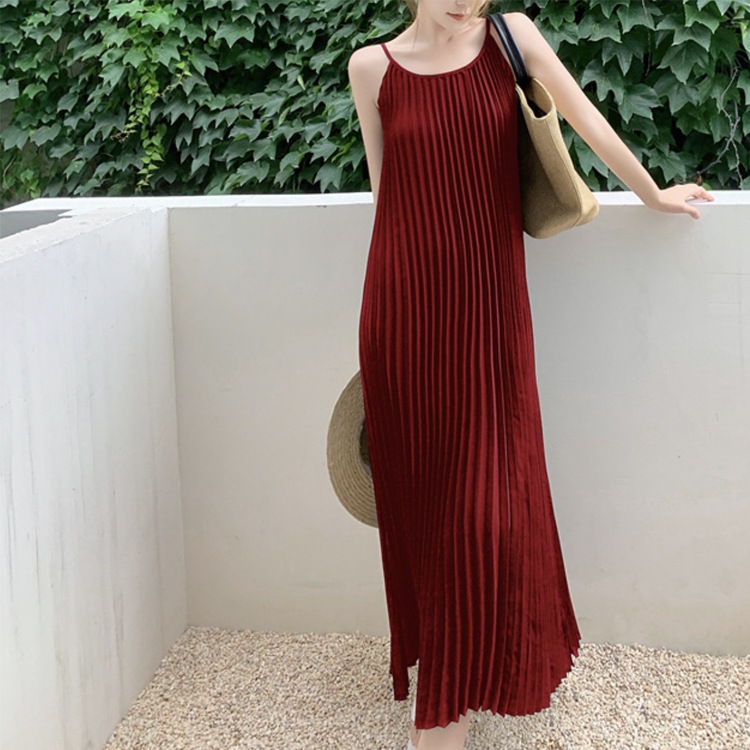すとんと落ちる プリーツデザイン ロングワンピース