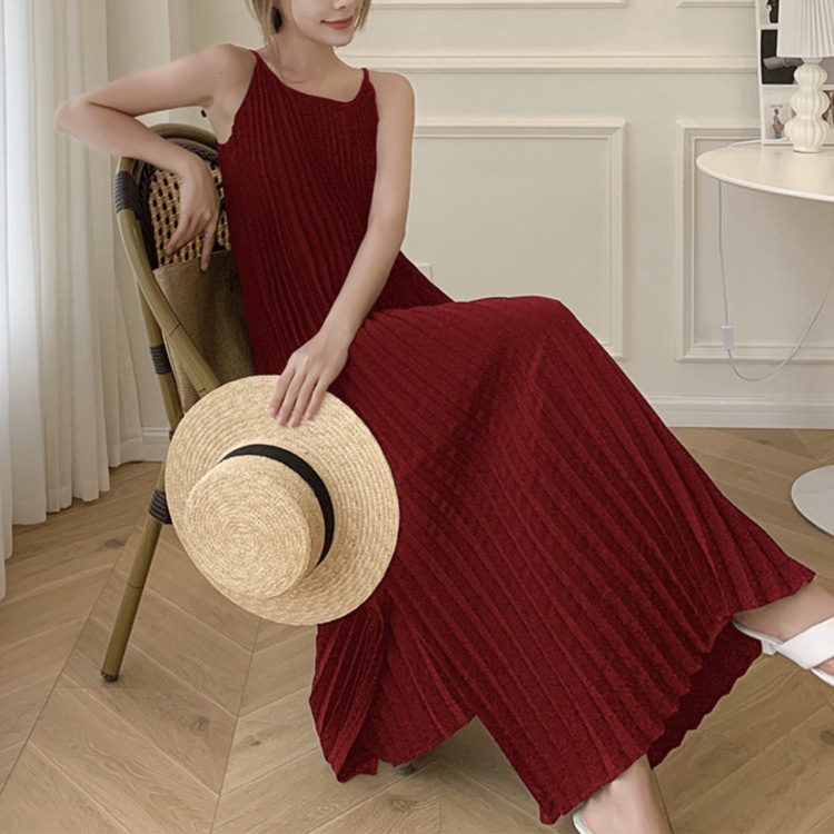 すとんと落ちる プリーツデザイン ロングワンピース