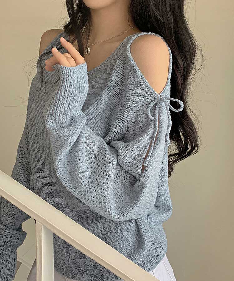 ショルダーカット シースルー ゆるニット トップス

