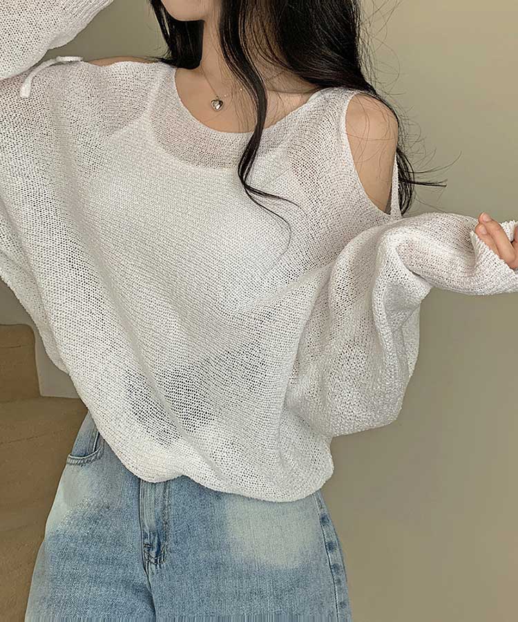 ショルダーカット シースルー ゆるニット トップス

