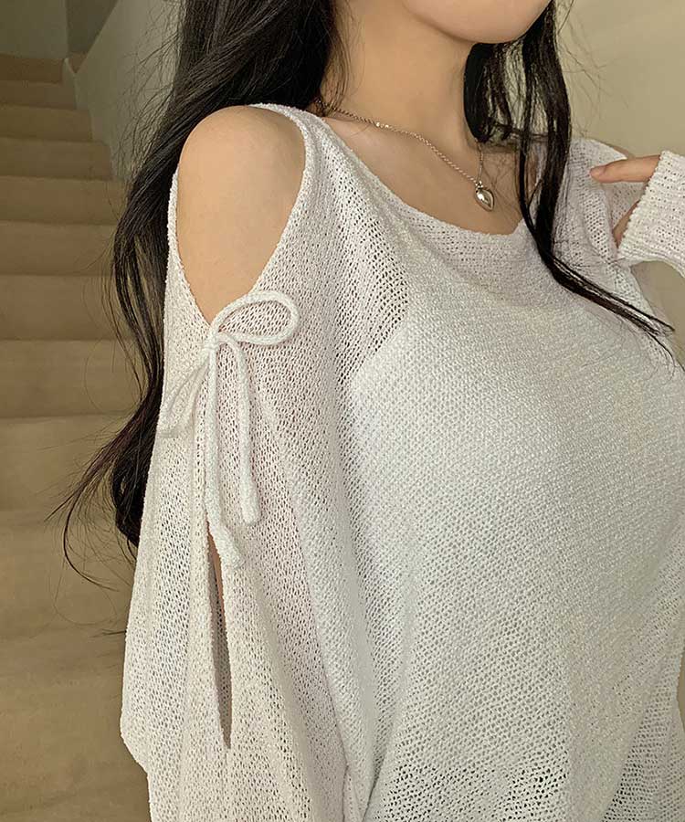 ショルダーカット シースルー ゆるニット トップス

