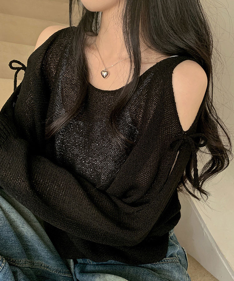 ショルダーカット シースルー ゆるニット トップス

