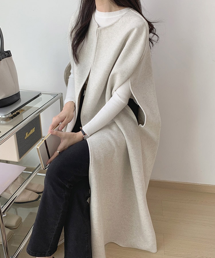 オーバーサイズ ミモレ丈 ノーカラー ポンチョ コート