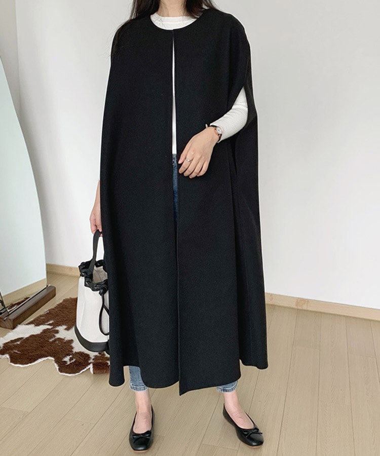 オーバーサイズ ミモレ丈 ノーカラー ポンチョ コート