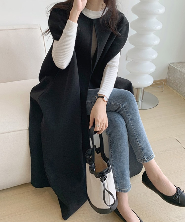 オーバーサイズ ミモレ丈 ノーカラー ポンチョ コート