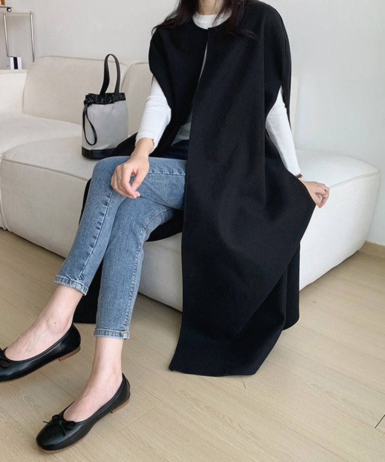オーバーサイズ ミモレ丈 ノーカラー ポンチョ コート