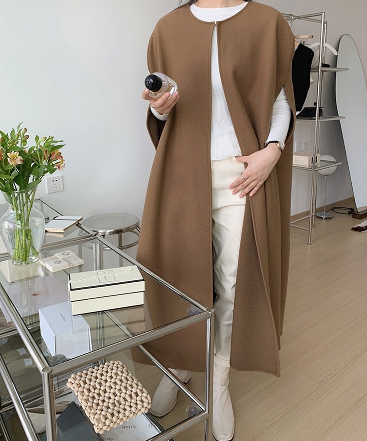 オーバーサイズ ミモレ丈 ノーカラー ポンチョ コート