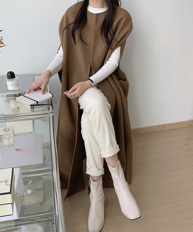 オーバーサイズ ミモレ丈 ノーカラー ポンチョ コート