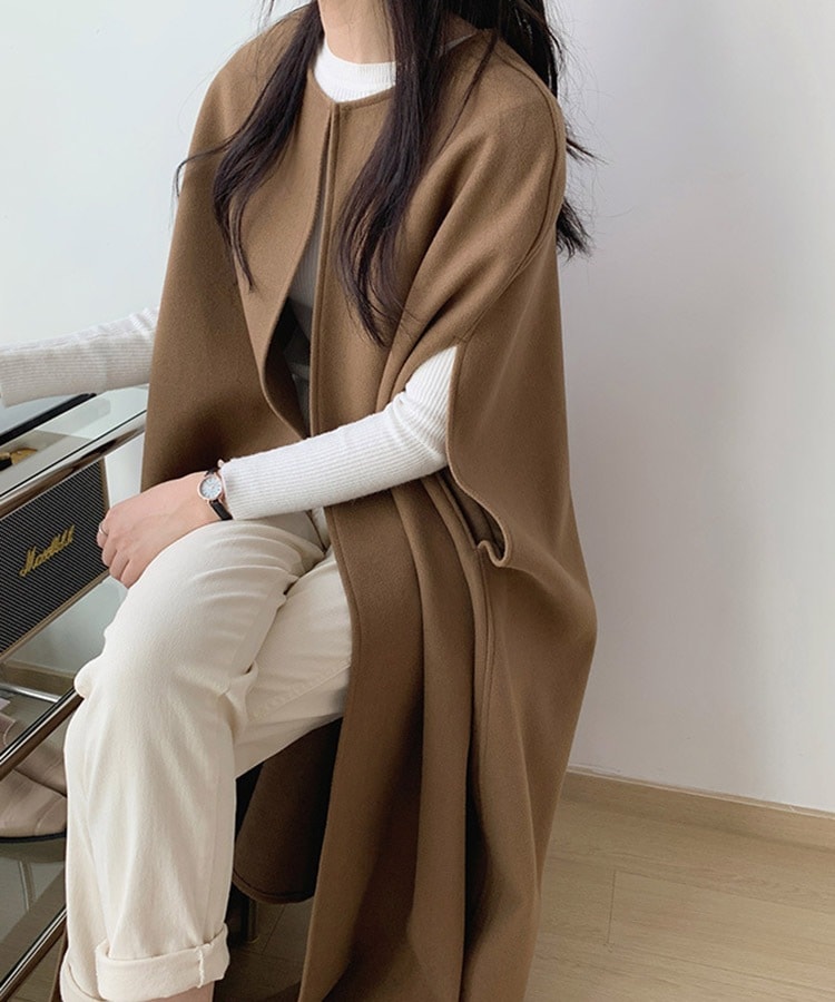 オーバーサイズ ミモレ丈 ノーカラー ポンチョ コート