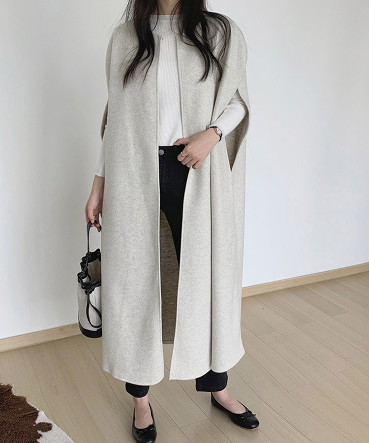 オーバーサイズ ミモレ丈 ノーカラー ポンチョ コート