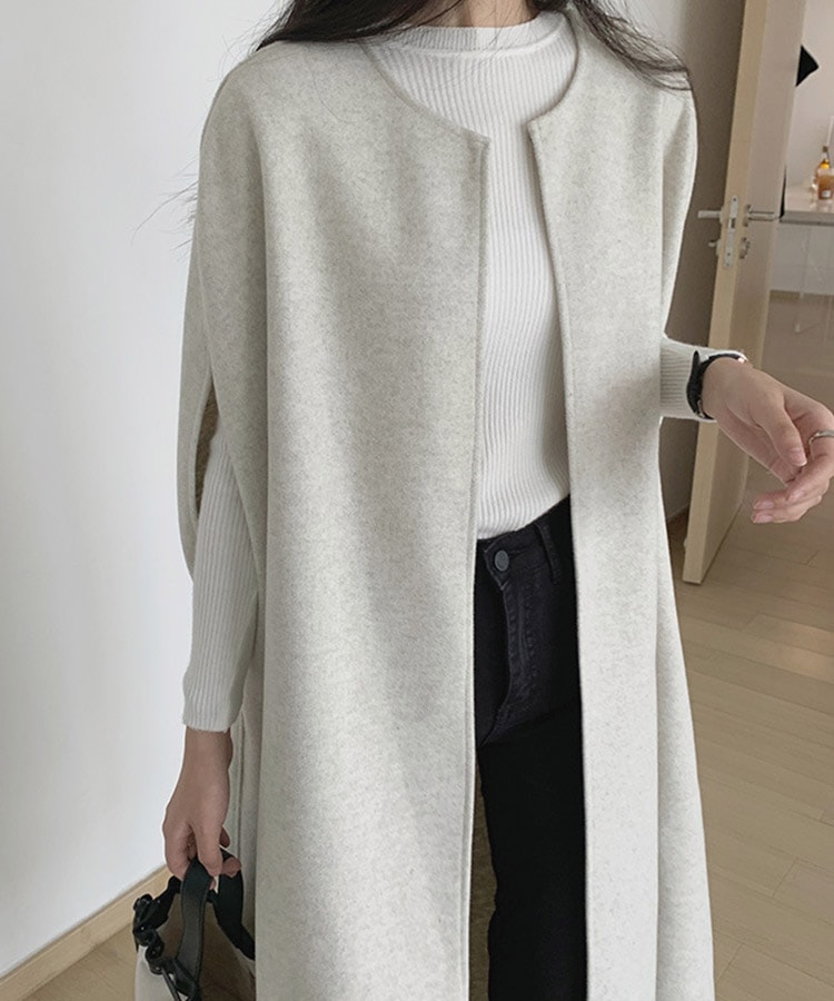 オーバーサイズ ミモレ丈 ノーカラー ポンチョ コート