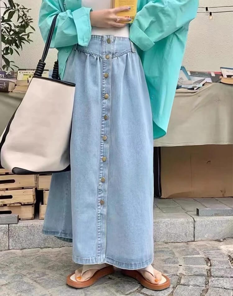 フロントボタン ロング丈 Aライン デニムスカート