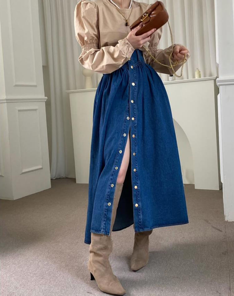 フロントボタン ロング丈 Aライン デニムスカート