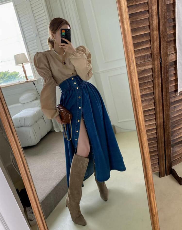 フロントボタン ロング丈 Aライン デニムスカート