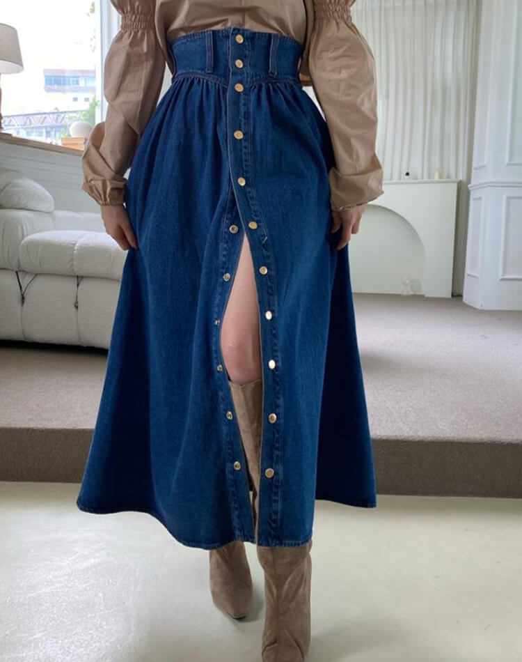 フロントボタン ロング丈 Aライン デニムスカート