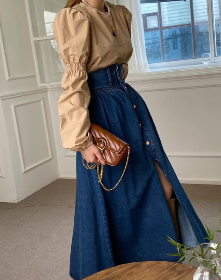 フロントボタン ロング丈 Aライン デニムスカート