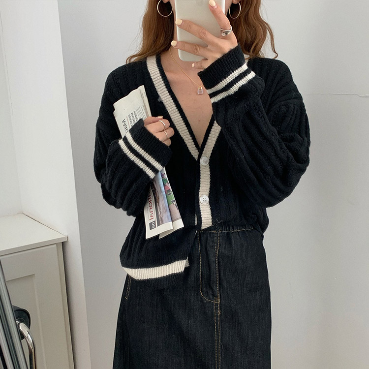 Vネック バイカラー ニットカーディガン