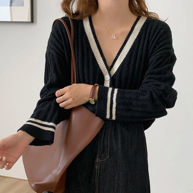 Vネック バイカラー ニットカーディガン