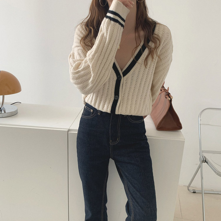 Vネック バイカラー ニットカーディガン
